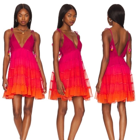 Rococo Sand Skye Mini Dress Tiered V Neck Tassels Pink Orange Large Beachy Boho - Picture 1 of 9